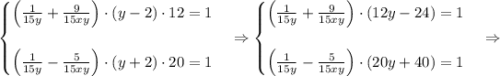 \begin{cases}\left(\frac1{15y}+\frac9{15xy}\right)\cdot(y-2)\cdot12=1\\\\\left(\frac1{15y}-\frac5{15xy}\right)\cdot(y+2)\cdot20=1\end{cases}\Rightarrow\begin{cases}\left(\frac1{15y}+\frac9{15xy}\right)\cdot(12y-24)=1\\\\\left(\frac1{15y}-\frac5{15xy}\right)\cdot(20y+40)=1\end{cases}\Rightarrow