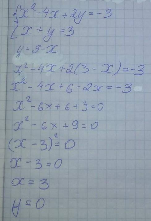 Решить систему уравнения x^2-4x+2y=-3; x+y=3