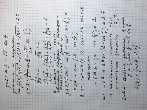 Найдите область значений функции ! с объяснениями ! [tex]y=2,3cos\frac{x}{2}-\sqrt{2} sin\frac{x}{2