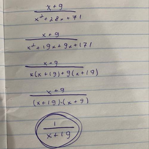 Сократи дробь x+9 / x^2+28x+171 (x вводи в английской раскладке).