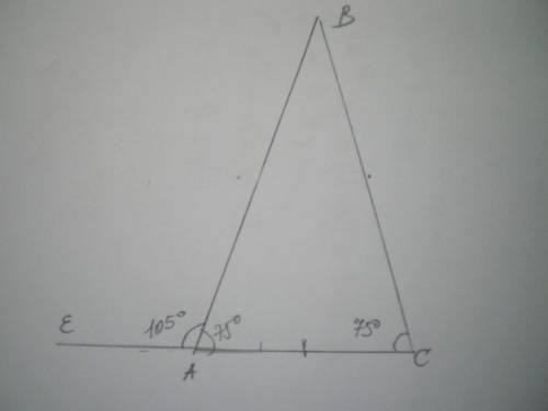 Треугольник ABC-равнобедренный, AB=BC, <С=75. Найдите угол смежный с углом A.