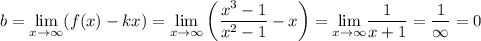 b = \underset{x\rightarrow \infty}{\lim} } (f(x) - kx) = \underset{x\rightarrow \infty}{\lim} } \left(\dfrac{x^{3} - 1}{x^{2} - 1} - x \right) = \underset{x\rightarrow \infty}{\lim} } \dfrac{1}{x + 1} = \dfrac{1}{\infty} = 0