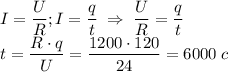 \displaystyle I=\frac{U}{R}; I=\frac{q}{t} \; \Rightarrow\; \frac{U}{R}=\frac{q}{t}\\t=\frac{R\cdot q}{U}=\frac{1200\cdot 120}{24}=6000 \;c