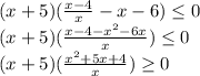 (x+5)(\frac{x-4}{x}-x-6)\leq 0\\(x+5)(\frac{x-4-x^{2}-6x }{x})\leq 0\\(x+5)(\frac{x^{2}+5x+4 }{x})\geq 0