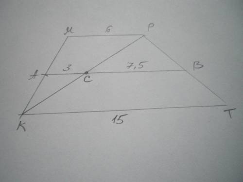Основания трапеции равны 6 и 15. Найдите больший из отрезков, на которые делит среднюю линию этой тр