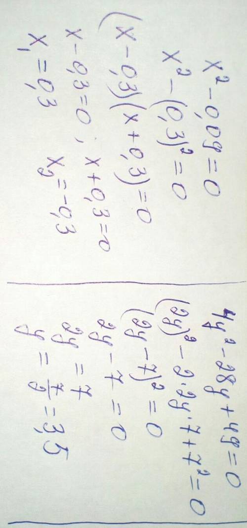 Розв'яжіть рівняння 1) х²-0,09=0 2) 4у²-28у+49=0