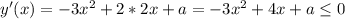 y'(x)=-3x^2+2*2x+a=-3x^2+4x+a \leq 0