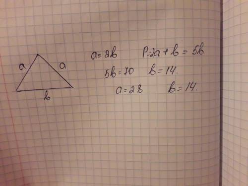 Найдите стороны равнобедренного треугольника, если его периметр равен 70 см, а основание в 2 раза ме