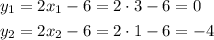 \[\begin{gathered}{y_1}=2{x_1}-6=2\cdot 3-6=0\hfill \\{y_2}=2{x_2}-6=2\cdot 1-6=-4\hfill \\ \end{gathered} \]