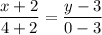 \dfrac{x+2}{4+2}= \dfrac{y-3}{0-3}}