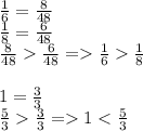 \frac{1}{6}=\frac{8}{48} \\\frac{1}{8} =\frac{6}{48} \\\frac{8}{48} \frac{6}{48}=\frac{1}{6}\frac{1}{8} \\ \\1=\frac{3}{3}\\ \frac{5}{3}\frac{3}{3} =1