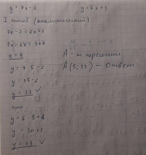 Найди координаты точки пересечения графиков y=7x-2 и y=6x+3