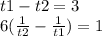 t1 - t2 = 3 \\ 6( \frac{1}{t2} - \frac{1}{t1} ) = 1