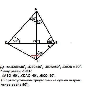 Про четырёхугольник ABCD с перпендикулярными диагоналями известно, что CAB=30, DBC=40, BDA=50. Чему