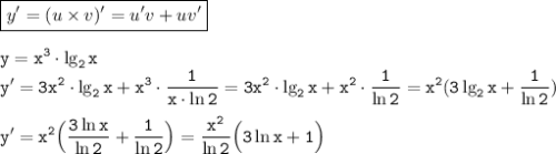 \tt\displaystyle \boxed{y'=(u\times v)'=u'v+uv'}\\\\y=x^3\cdot \lg_2x \\ y'=3x^2\cdot\lg_2x+ x^3\cdot \frac{1}{x\cdot \ln2} =3x^2\cdot \lg_2x+x^2\cdot \frac{1}{\ln2}=x^2(3\lg_2x+\frac{1}{\ln2})\\\\ y'=x^2\Big(\frac{3 \ln x}{\ln 2}+\frac{1}{\ln2} \Big)=\frac{x^2}{\ln2}\Big(3\ln x+1 \Big )