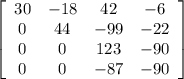 \left[\begin{array}{cccc}30&-18&42&-6\\0&44&-99&-22\\0&0&123&-90\\0&0&-87&-90\end{array}\right]