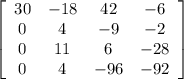 \left[\begin{array}{cccc}30&-18&42&-6\\0&4&-9&-2\\0&11&6&-28\\0&4&-96&-92\end{array}\right]