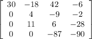 \left[\begin{array}{cccc}30&-18&42&-6\\0&4&-9&-2\\0&11&6&-28\\0&0&-87&-90\end{array}\right]