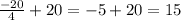 \frac{-20}{4}+20=-5+20=15