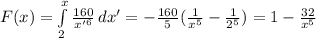 F(x)=\int\limits^x_2 {\frac{160}{x'^6}} \, dx' = -\frac{160}{5}( \frac{1}{x^5} -\frac{1}{2^5}) = 1-\frac{32}{x^5}