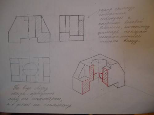 По двум заданным видам построить третий вид, применив необходимые разрезы. На чертеже нанесите разме