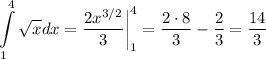 \displaystyle \int\limits^4_1\sqrt{x}dx=\dfrac{2x^{3/2}}{3}\bigg|^4_1=\dfrac{2\cdot8}{3}-\dfrac{2}{3}=\dfrac{14}{3}