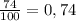 \frac{74}{100}=0,74