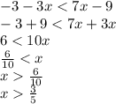 - 3 - 3x < 7x - 9 \\ - 3 + 9 < 7x + 3x \\ 6 < 10x \\ \frac{6}{10} < x \\ x \frac{6}{10} \\ x \frac{3}{5}