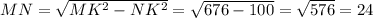 MN=\sqrt{MK^2-NK^2} =\sqrt{676-100}=\sqrt{576} =24