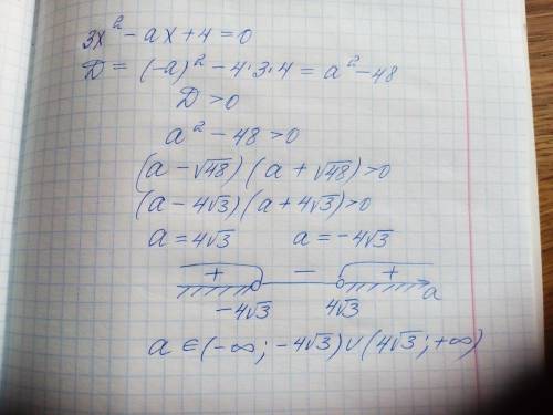 Найдите значения a, при которых уравнение 3 x 2-ax+4=0 имеет два корня