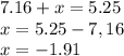 7.16 + x = 5.25 \\ x = 5.25-7,16 \\ x = - 1.91