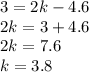 3=2k-4.6\\2k=3+4.6\\2k=7.6\\k=3.8