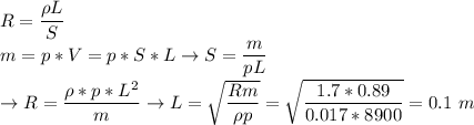 R = \dfrac{\rho L}{S} \\m = p * V = p *S * L \to S = \dfrac{m}{pL}\\\to R = \dfrac{\rho*p*L^2}{m} \to L = \sqrt{\dfrac{Rm}{\rho p}} = \sqrt{\dfrac{1.7*0.89}{0.017*8900}} = 0.1~m