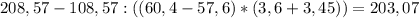 208,57 - 108,57 : ((60,4 - 57,6) * (3,6 + 3,45))=203,07