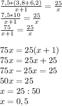 \frac{7,5*(3,8+6,2)}{x+1} =\frac{25}{x} \\\frac{7,5*10}{x+1} =\frac{25}{x}\\\frac{75}{x+1} =\frac{25}{x} \\\\75x=25(x+1)\\75x=25x+25\\75x-25x=25\\50x=25\\x=25:50\\x=0,5