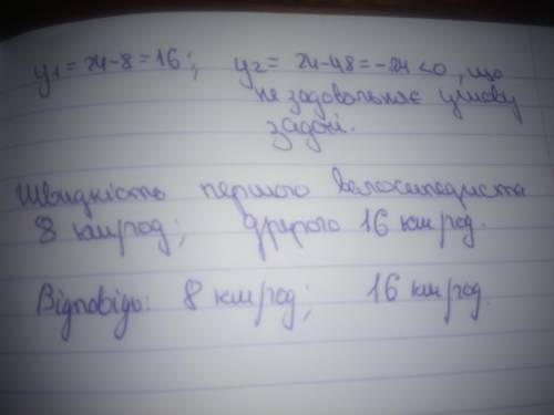 Із двох міст відстань між якими 48 км, вирушили одночасно назустріч один одному 2 велосипедисти, які