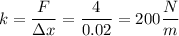 k = \dfrac{F}{\Delta x} = \dfrac{4}{0.02} = 200\dfrac{N}{m}