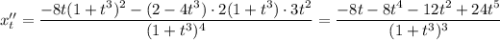 x''_t=\dfrac{-8t(1+t^3)^2-(2-4t^3)\cdot 2(1+t^3)\cdot3t^2}{(1+t^3)^4}=\dfrac{-8t-8t^4-12t^2+24t^5}{(1+t^3)^3}