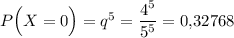 P\Big(X=0\Big)=q^5=\dfrac{4^5}{5^5}=0{,}32768