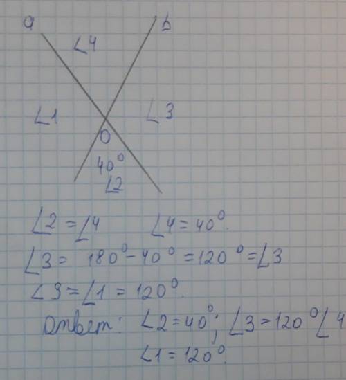 Прямые A и B пересекаются в точке О рисунок 6,6 угол 2 равен 40 градусов Найдите градусную меру угла