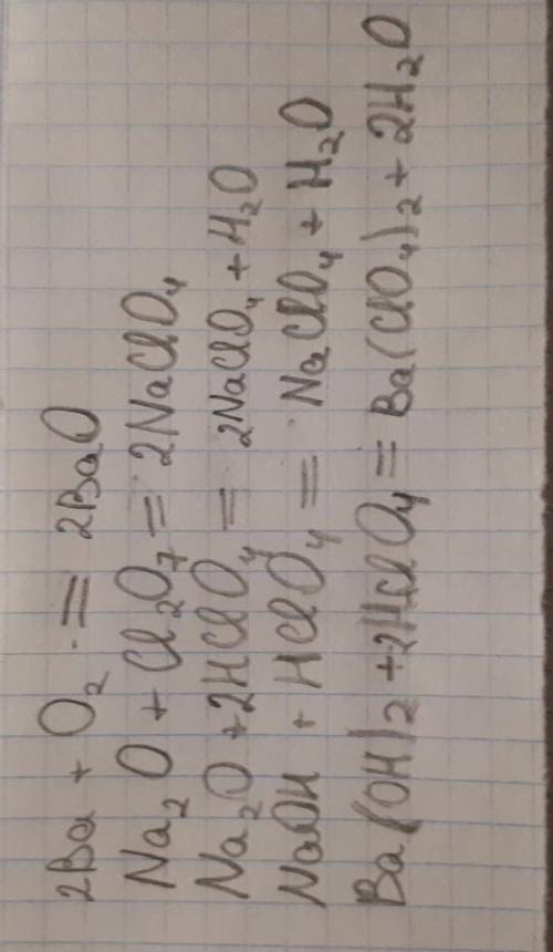 1. Напишите уравнения следующих реакций:Ba + O2 = ...Na2O + Cl2O7 = …Na2O + HClO4 = …NaOH + HClO4 =