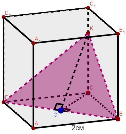 Ребро куба abcda1b1c1d1 равно 2см . Через диагональ основания bd под углом45° к плоскости основания