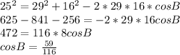 25^2=29^2+16^2-2*29*16*cosB\\625-841-256=-2*29*16cosB\\472=116*8cosB\\cosB=\frac{59}{116}