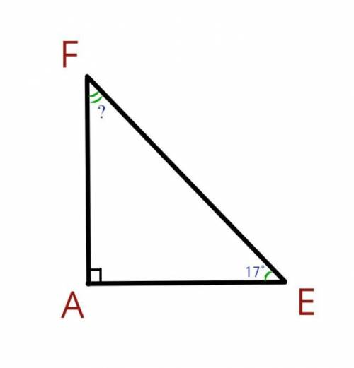 Дан прямоугольный треугольник AEF. E A F Определи ∡ F, если ∡ E = 17°.Дан прямоугольный треугольник