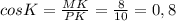 cosK=\frac{MK}{PK}=\frac{8}{10}=0,8