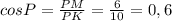 cosP=\frac{PM}{PK}=\frac{6}{10}=0,6