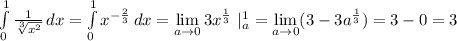 \int\limits^1_0 {\frac{1}{\sqrt[3]{x^2} } } \, dx=\int\limits^1_0 {x^{-\frac{2}{3 } }} \, dx= \lim\limits_{a \to 0} 3x^\frac{1}{3} \ |^1_a =\lim\limits_{a \to 0} (3-3a^\frac{1}{3})=3-0=3