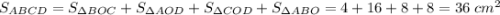 S_{ABCD}=S_{\Delta BOC}+S_{\Delta AOD}+S_{\Delta COD}+S_{\Delta ABO}=4+16+8+8=36\;cm^2