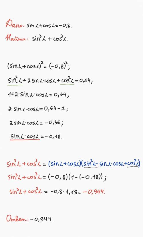 Sin³A+cos³A если sinA+cosA=-0,8