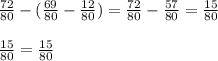 \frac{72}{80} -(\frac{69}{80} -\frac{12}{80} )=\frac{72}{80} -\frac{57}{80} =\frac{15}{80} \\\\\frac{15}{80} =\frac{15}{80} \\